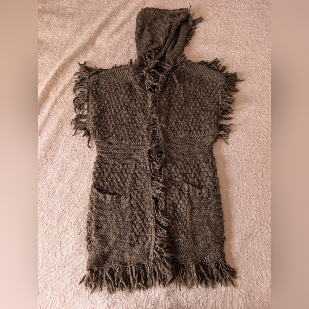 Topshop Fringed Knit Hooded Vest, Olive Green